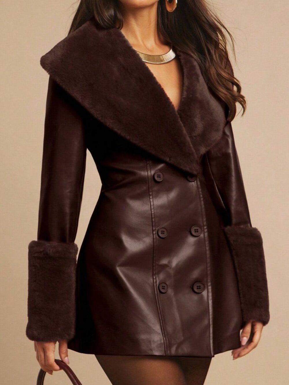 Coffee Brown Elegant Women's Faux Fur Collar Slim Jacket - Picture 5 of 8